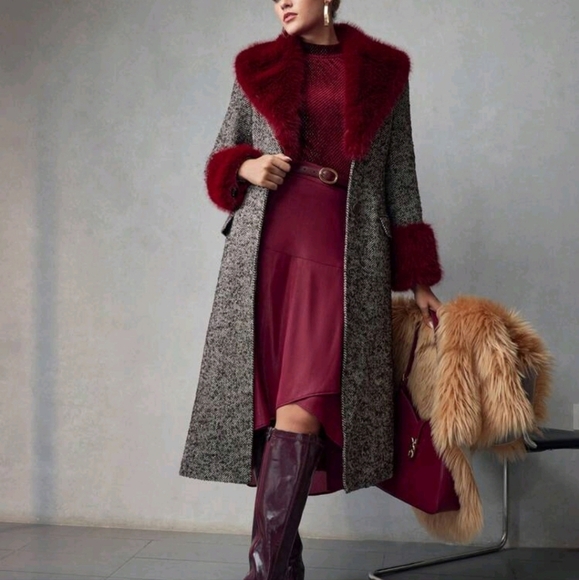 WOOL HERRINGBONE PATTERN CONTRAST FLUFFY WATERFALL COLLAR LONGLINE OVERCOAT